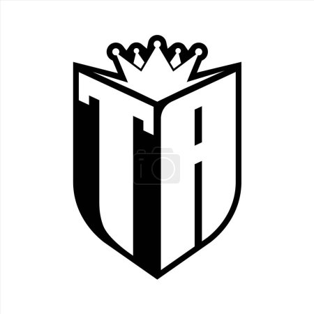 TA Letter fettes Monogramm mit Schildform und scharfer Krone innerhalb Schild schwarz-weiße Farbdesign-Vorlage