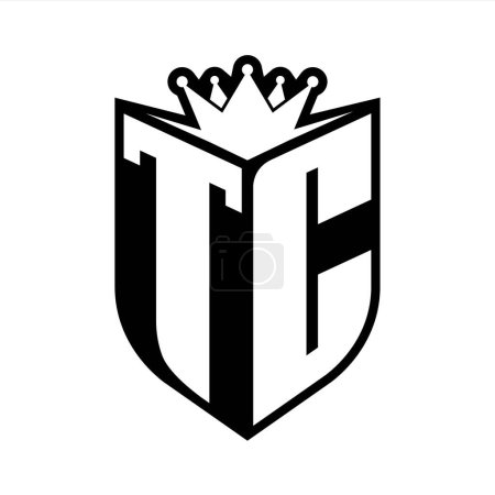 TC Letter bold monogram with shield shape and sharp crown inside shield black and white color design template