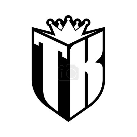 TK Letter fettes Monogramm mit Schildform und scharfer Krone innerhalb Schild schwarz-weiße Farbdesign-Vorlage