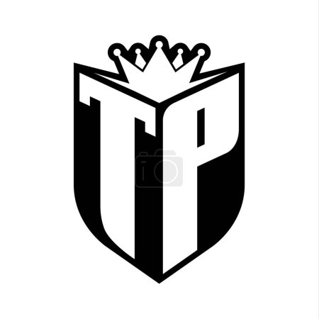 TP Letter fettes Monogramm mit Schildform und scharfer Krone innerhalb Schild schwarz-weiße Farbdesign-Vorlage