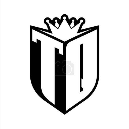TQ Carta monograma en negrita con forma de escudo y corona afilada escudo interior plantilla de diseño de color blanco y negro