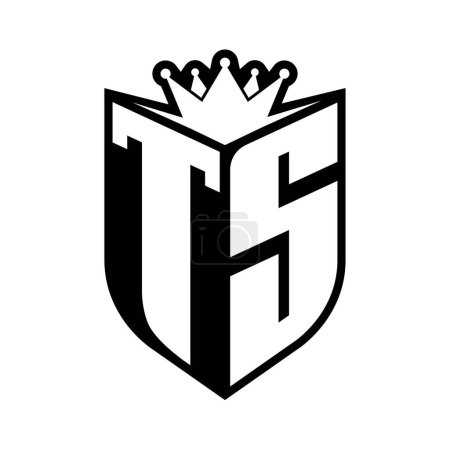 TS Letter fettes Monogramm mit Schildform und scharfer Krone innerhalb des Schildes schwarz-weiße Farbdesign-Vorlage