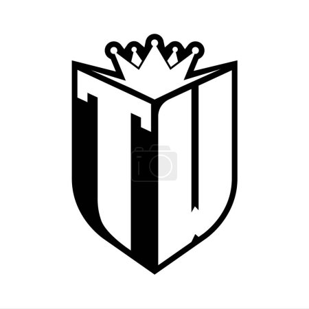 TW Letter fettes Monogramm mit Schildform und scharfer Krone innerhalb Schild schwarz-weiße Farbdesign-Vorlage