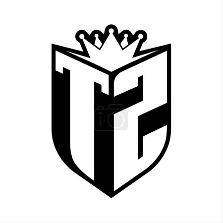 TZ Carta monograma en negrita con forma de escudo y corona afilada escudo interior plantilla de diseño de color blanco y negro