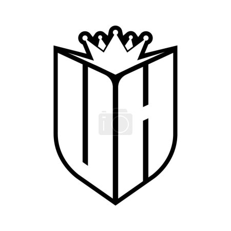 UH Letter fettes Monogramm mit Schildform und scharfer Krone innerhalb Schild schwarz-weiße Farbdesign-Vorlage