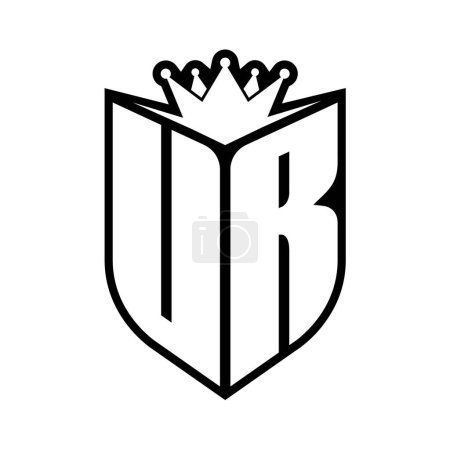 Carta UR en negrita monograma con forma de escudo y corona afilada escudo interior plantilla de diseño de color blanco y negro