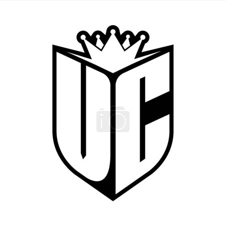 VC Letter fettes Monogramm mit Schildform und scharfer Krone innerhalb Schild schwarz-weiße Farbdesign-Vorlage