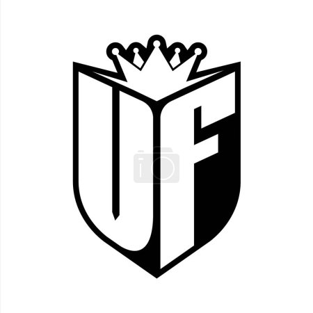 VF Letter fettes Monogramm mit Schildform und scharfer Krone innerhalb Schild schwarz-weiße Farbdesign-Vorlage