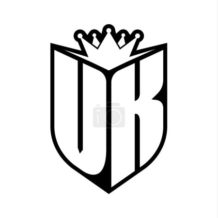 VK Carta monograma en negrita con forma de escudo y corona afilada escudo interior plantilla de diseño de color blanco y negro