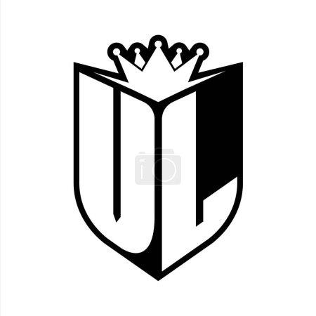 VL Letter fettes Monogramm mit Schildform und scharfer Krone innerhalb Schild schwarz-weiße Farbdesign-Vorlage