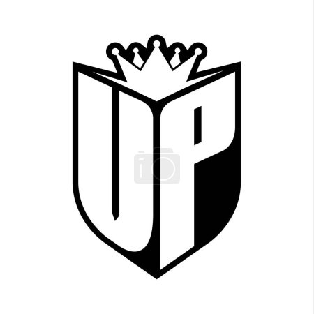 VP Letter fettes Monogramm mit Schildform und scharfer Krone innerhalb des Schildes schwarz-weiße Farbdesign-Vorlage