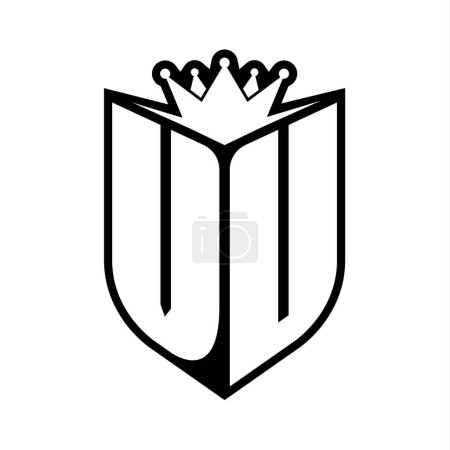 VU Letter bold monogram with shield shape and sharp crown inside shield black and white color design template