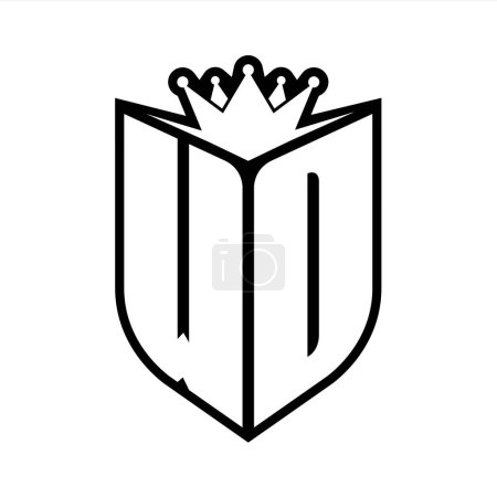 WD Letter fettes Monogramm mit Schildform und scharfer Krone innerhalb des Schildes schwarz-weiße Farbdesign-Vorlage