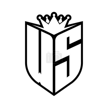 WS Carta monograma en negrita con forma de escudo y corona afilada escudo interior plantilla de diseño de color blanco y negro