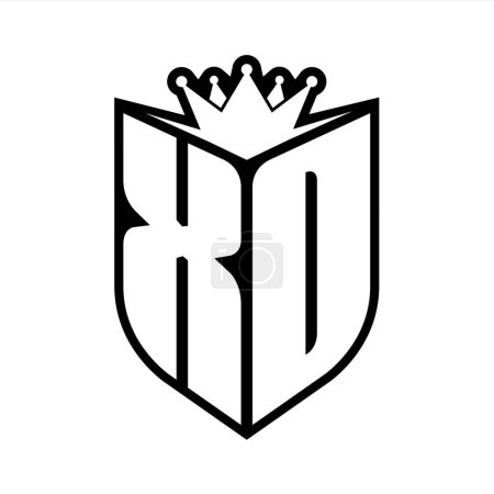 XD Letter fettes Monogramm mit Schildform und scharfer Krone innerhalb Schild schwarz-weiße Farbdesign-Vorlage
