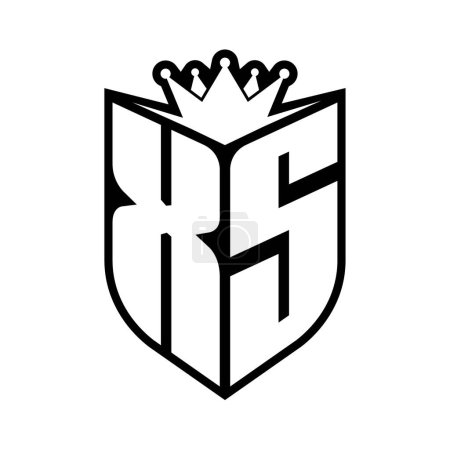XS Lettre monogramme gras avec forme de bouclier et couronne tranchante à l'intérieur du bouclier noir et blanc modèle de conception de couleur