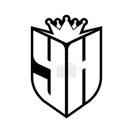 YH Letter fettes Monogramm mit Schildform und scharfer Krone innerhalb Schild schwarz-weiße Farbdesign-Vorlage