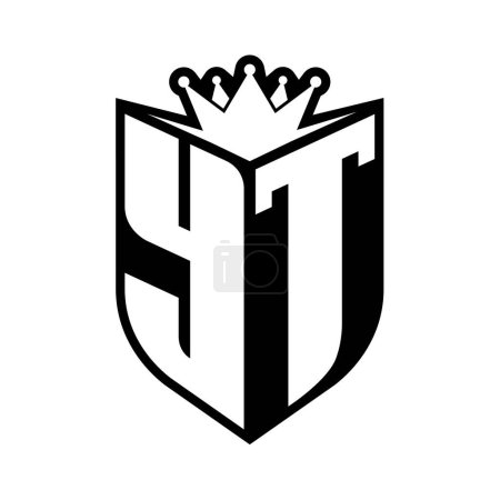 YT Letter fettes Monogramm mit Schildform und scharfer Krone innerhalb des Schildes schwarz-weiße Farbdesign-Vorlage