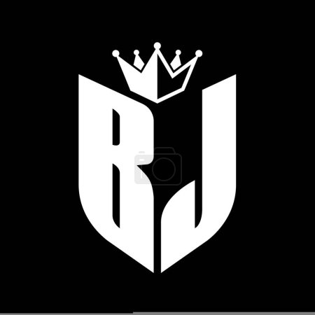 BJ Buchstabe Monogramm mit Schildform mit Krone schwarz-weiße Farbdesign-Vorlage