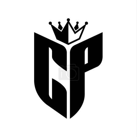 CP Carta monograma con forma de escudo con plantilla de diseño de color blanco y negro corona