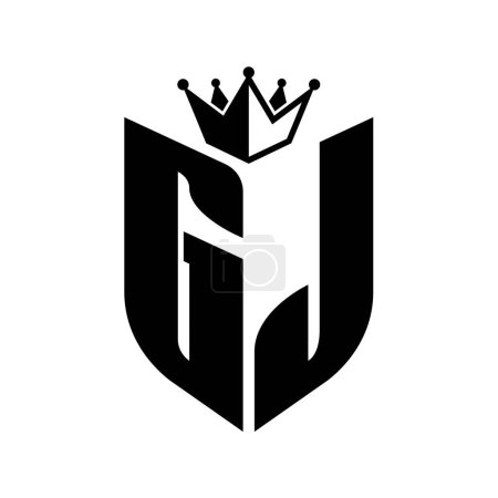 Monogramme lettre GJ avec forme de bouclier avec couronne modèle de conception de couleur noir et blanc