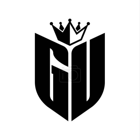 Monogramme lettre GU avec forme de bouclier avec couronne modèle de conception de couleur noir et blanc