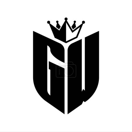 Monogramme lettre GW avec forme de bouclier avec couronne modèle de conception de couleur noir et blanc