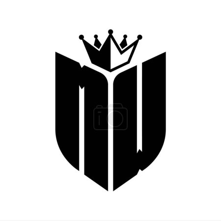 Monogramme lettre NW avec forme de bouclier avec couronne modèle de conception de couleur noir et blanc