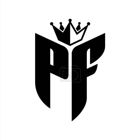Monogramme lettre PF avec forme de bouclier avec couronne modèle de conception de couleur noir et blanc