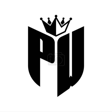 PW Buchstabe Monogramm mit Schildform mit Krone schwarz-weiße Farbdesign-Vorlage