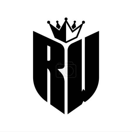 Monogramme de lettre RW avec forme de bouclier avec couronne modèle de conception de couleur noir et blanc