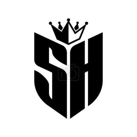 SH Carta monograma con forma de escudo con plantilla de diseño de color blanco y negro corona