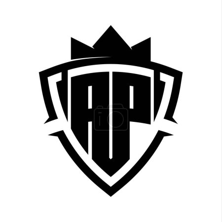 AP Letter bold monogram with triangle curve shield shape with crown black and white background color design template