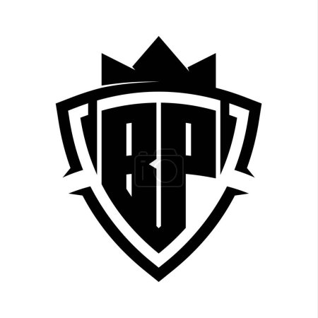 BP Letter fettes Monogramm mit Dreieck Kurve Schild Form mit Krone schwarz und weiß Hintergrund Farbe Design-Vorlage