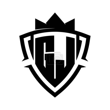 GJ Lettre monogramme gras avec triangle courbe forme de bouclier avec couronne noir et blanc modèle de conception de couleur de fond