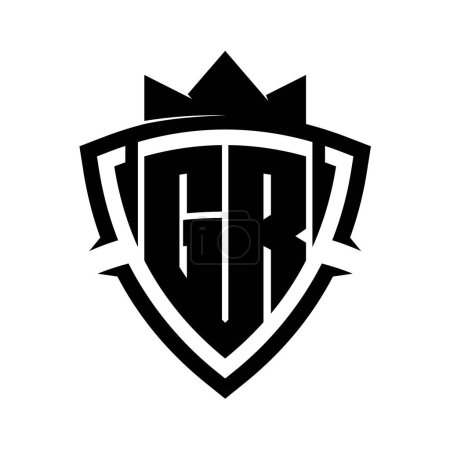 GR Letter bold monogram with triangle curve shield shape with crown black and white background color design template