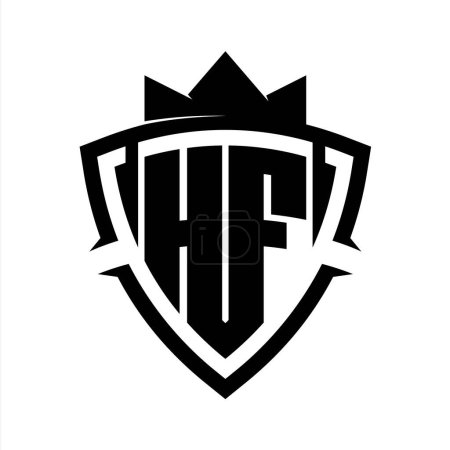 HF-Buchstabe fett Monogramm mit Dreieck Kurve Schild Form mit Krone schwarz und weiß Hintergrund Farbe Design-Vorlage