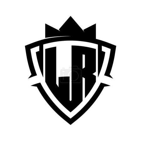 LR Buchstabe fett Monogramm mit Dreieck Kurve Schild Form mit Krone schwarz und weiß Hintergrund Farbe Design-Vorlage
