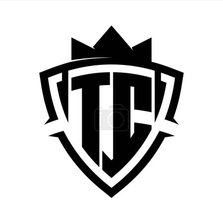 TC Letter bold monogram with triangle curve shield shape with crown black and white background color design template
