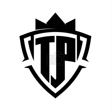 TP Letter fett Monogramm mit Dreieck Kurve Schild Form mit Krone schwarz und weiß Hintergrund Farbe Design-Vorlage