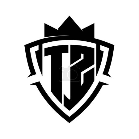 TZ Buchstabe fett Monogramm mit Dreieck Kurve Schild Form mit Krone schwarz und weiß Hintergrund Farbe Design-Vorlage