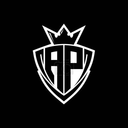 AP Bold letter logo with sharp triangle shield shape with crown inside white outline on black background template design