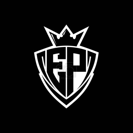 Logotipo de letra audaz EP con forma de escudo triangular afilado con corona dentro del contorno blanco en el diseño de la plantilla de fondo negro