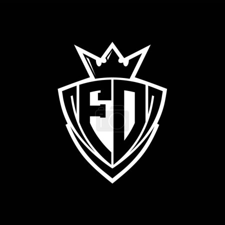 FD Bold letter logo with sharp triangle shield shape with crown inside white outline on black background template design