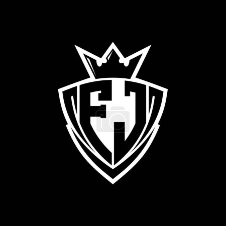 FJ Bold letter logo with sharp triangle shield shape with crown inside white outline on black background template design