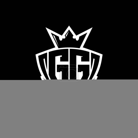 GG Fettes Buchstaben-Logo mit scharfem Dreieck Schildform mit Krone innen weißer Umriss auf schwarzem Hintergrund Vorlage Design