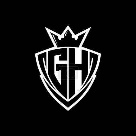 GH Bold letter logo with sharp triangle shield shape with crown inside white outline on black background template design