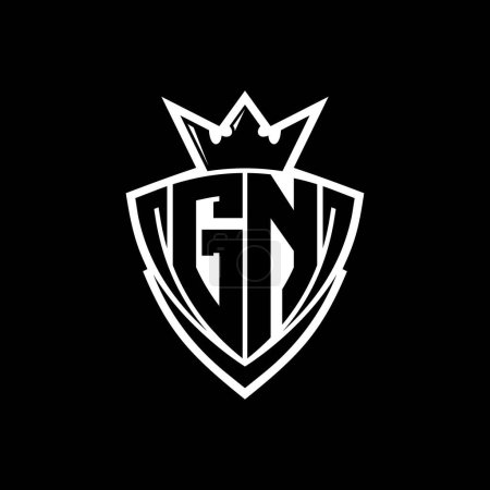 GN Fettes Buchstaben-Logo mit scharfem Dreieck Schildform mit Krone innen weißen Umriss auf schwarzem Hintergrund Vorlage Design