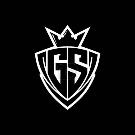 GS Logo lettre audacieuse avec forme de bouclier triangle pointu avec couronne à l'intérieur contour blanc sur fond noir modèle de conception