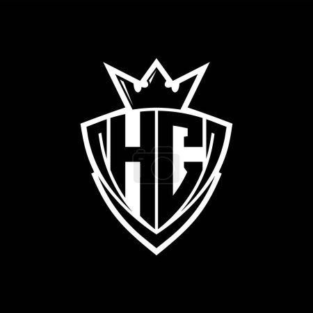HC Bold letter logo with sharp triangle shield shape with crown inside white outline on black background template design